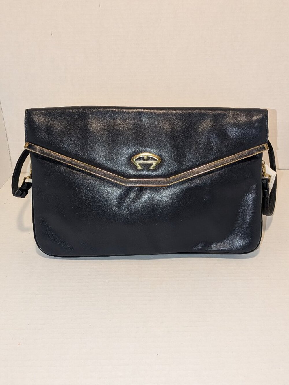 Vintage Etienne Aigner Leather Dark Blue Crossbody Clutch Bag Brass Hardware New